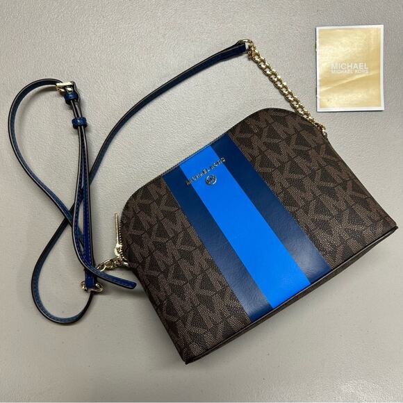MICHAEL Michael Kors Handbags - Michael Kors Crossbody Purse Cindy Dome Blue Center Stripe Brown MK Logo Bag NWT